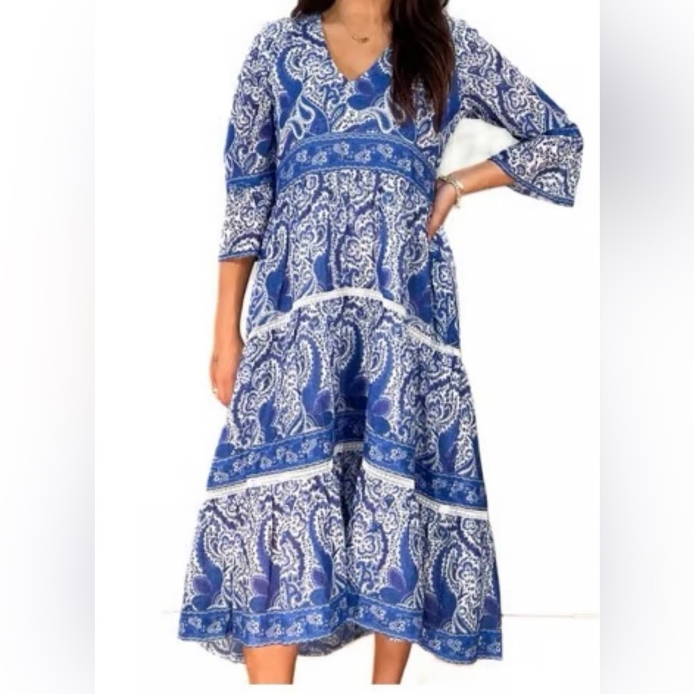 Women’s La Plage Water Mill Dress- Effervescent Paisley- White/Blue/Navy Size S